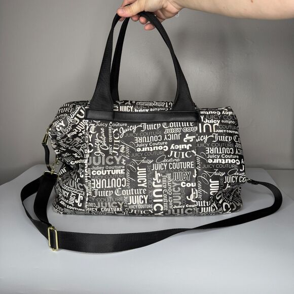 Juicy Couture Weekender Bag Black White Wordplay Print Duffle Gym - Picture 2 of 16